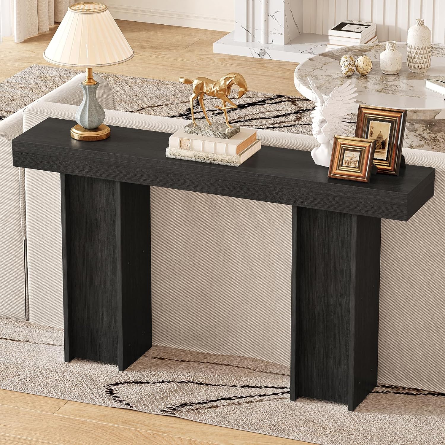 55Inch Console Table, Wooden Entryway Console Table with Storage Behind Couch Sofa Tables for Living Room, Hallway, Foyer(Black)