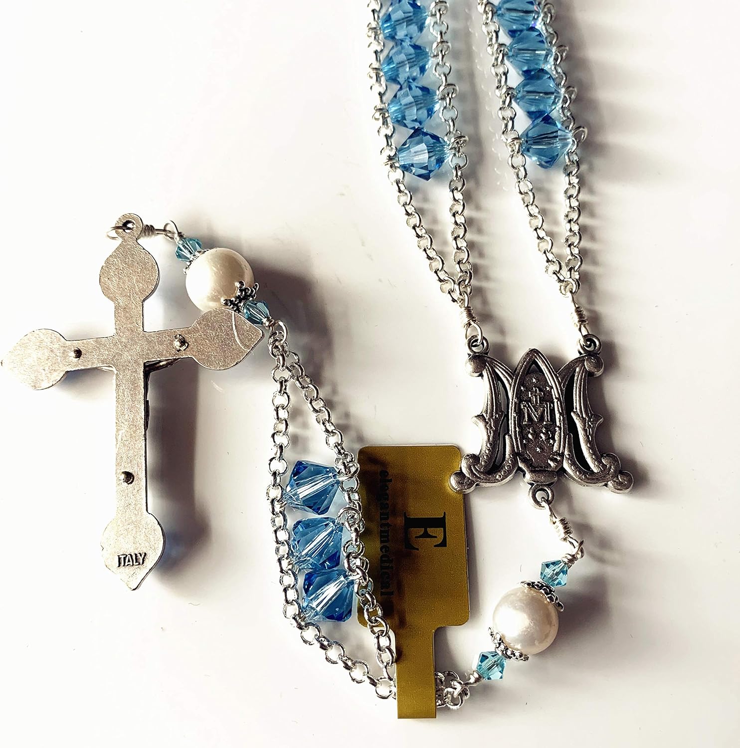 elegantmedical Ladder to Heaven Blue Crystal & AAA10MM Pearl Beads Catholic Rosary Cross crucifix Necklace gift - Image 5