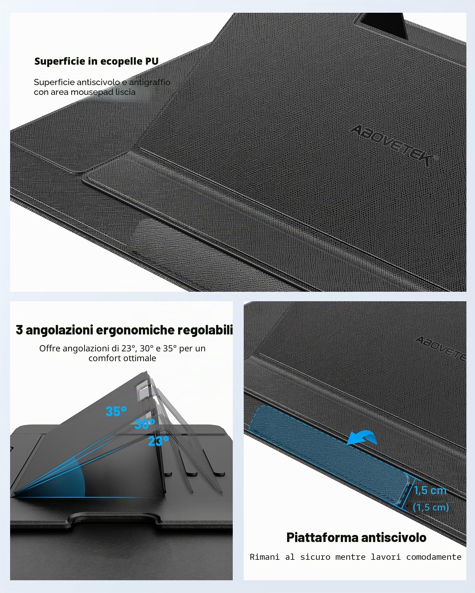 AboveTEK Vassoio Portatile per PC Portatili con Tappetino per Mouse Retraibile a Destra, 3 Angolazioni Ergonomiche, Scudo Termico Antiscivolo, Supporto Portatile per Laptop per Letto, Divano, Viaggi