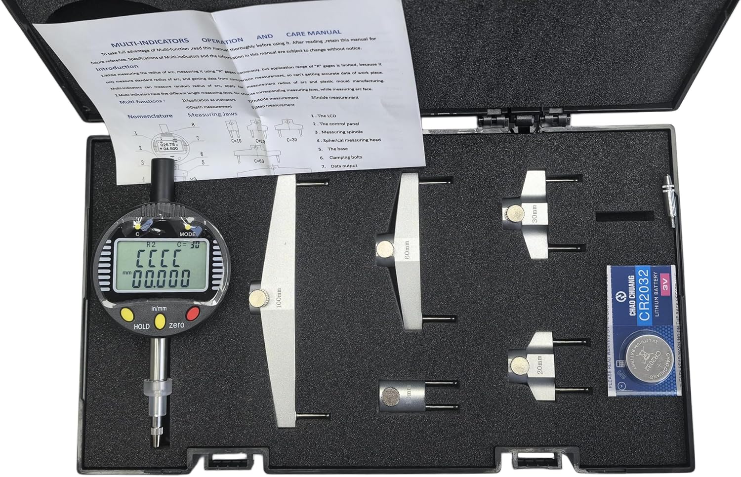 Multi-functions digital radius gauge digital radius indicator Measurement Tool with 10/20/30/60/100mm changeable measuring jaw（Measured diameter range is: 0.2" - 27.5"/5mm-700mm）