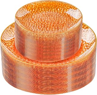Rubtlamp 60Pcs Orange Plastic Plates, Orange Disposable Plates With Gold Rim, Hammered Plastic Plates Include 30 Dessert Platos, 30 Dinner Platos for Party,Thanksgiving