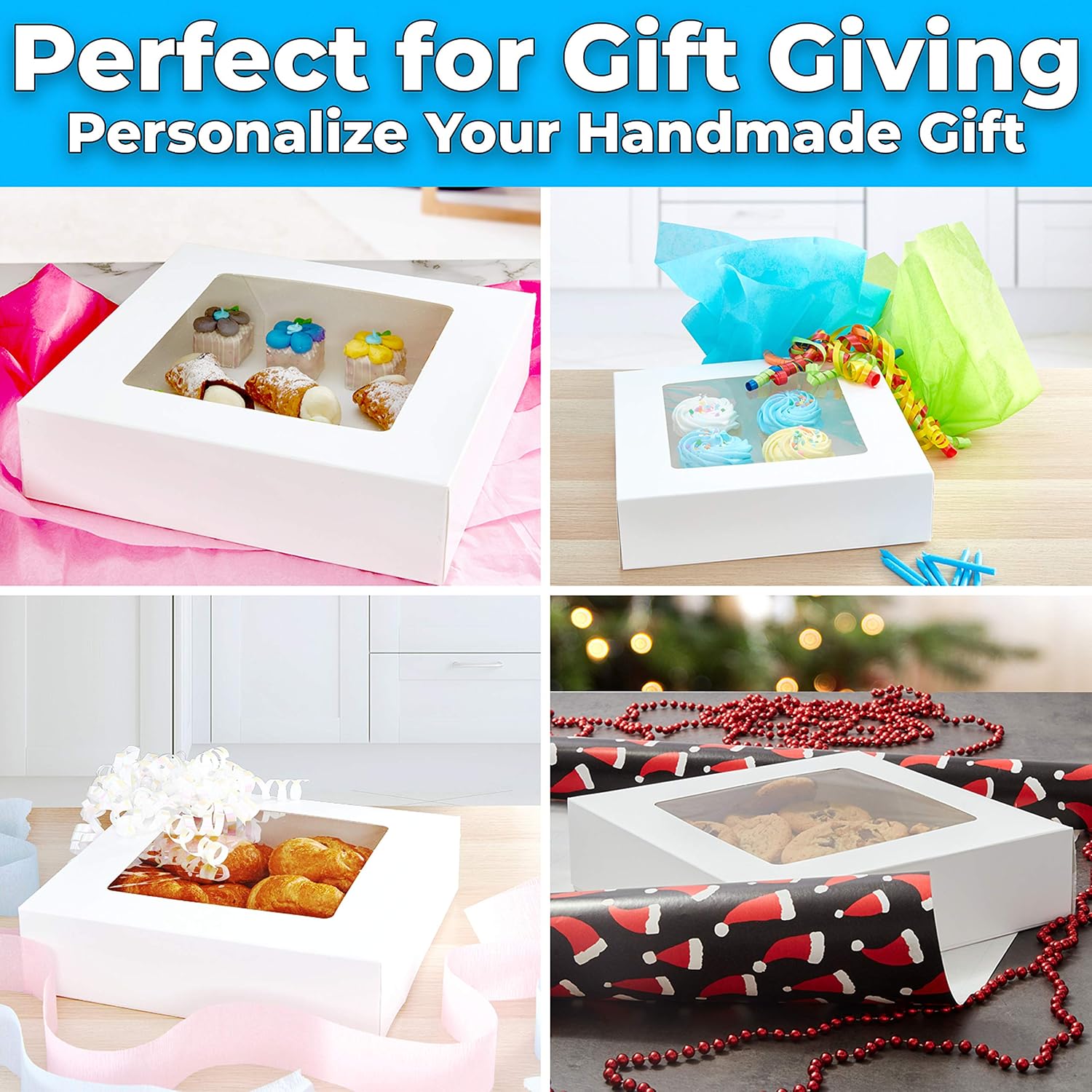 Sturdy Grease-Resistant Showcase 10in Bakery Box 25 Pk. Pro Grade USA 10x10x2.5 White Pastry Boxes with Window. Perfect for Desserts, Cakes, Cookies, Pies, Donuts. Great Gift Idea for Homemade Treats