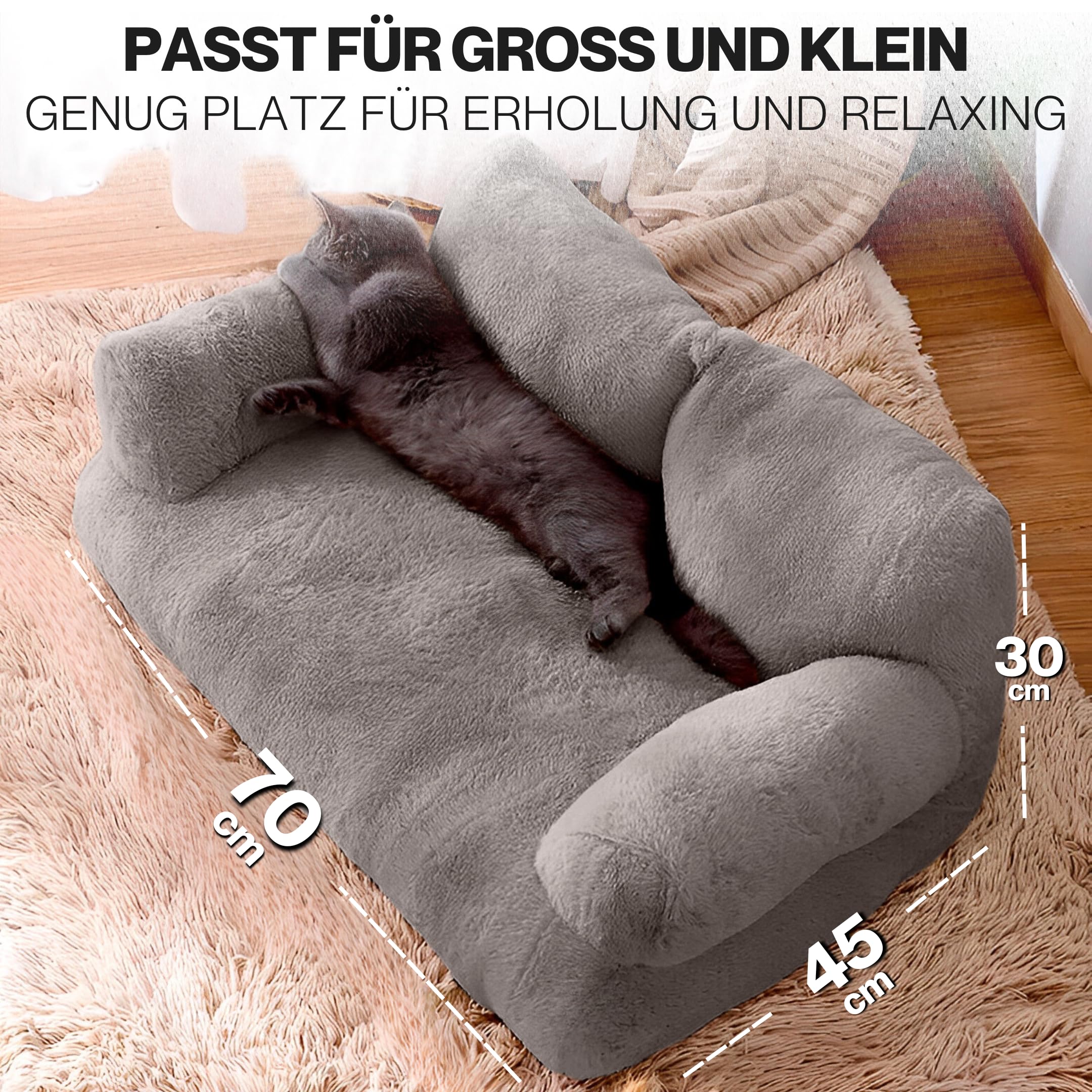 Katzensofa Simba Katzen Hundesofa in Grau | Inklusive Mini-Kissen | 70x48cm | Katzenbett Hundebett kleine Hunde | Flauschig ausreichend gefüttert | Bezug abnehmbar