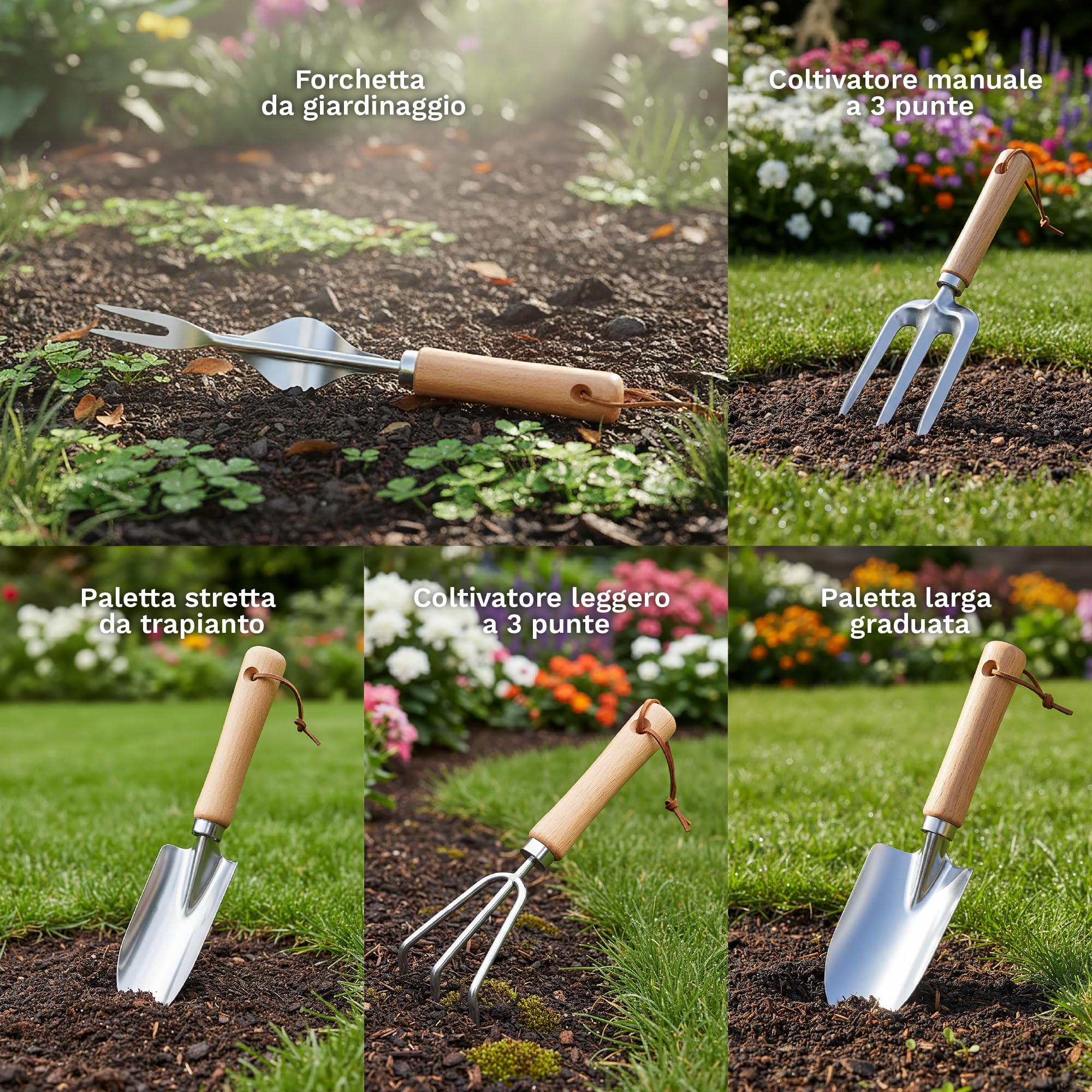 Set Attrezzi da Giardinaggio 10 Pezzi – Kit Completo con Paletta, Trapiantatore, Forchetta, Rastrello, Forbici da Potatura, Guanti, Spruzzino e Ginocchiere