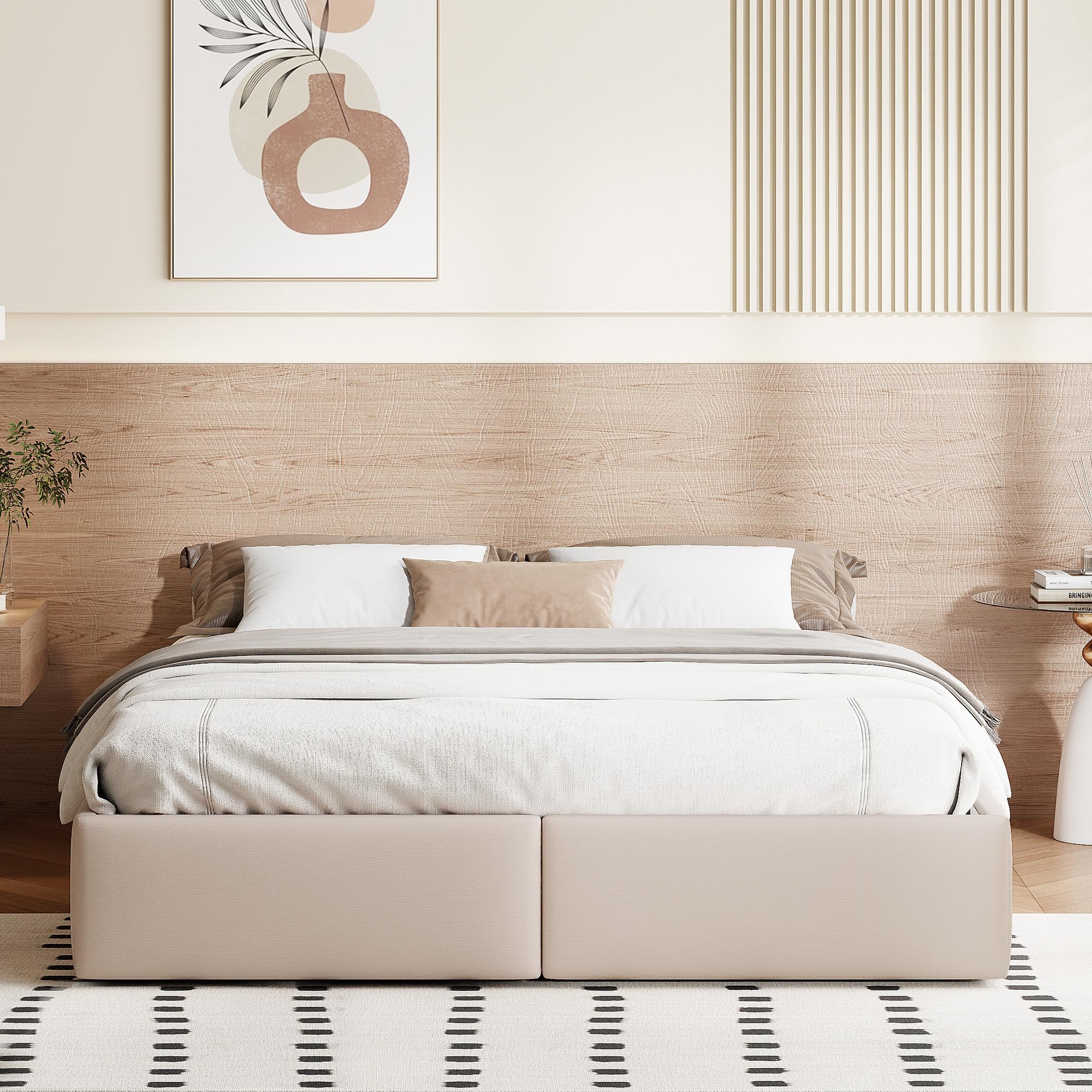 Canapé Abatible 140 x 200 cm, Cama tapizada de almacenamiento, sin cabecero, Cama Matrimonio somier de láminas, cama con 2 cajones, cama juvenil, color beige lino (sin colchón) (beige, 160 × 200)