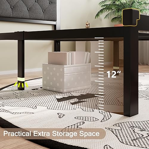 Miniatura 5 de Marco de cama individual, marco de cama de metal con cabecera tapizada de lino con botones, listones de acero resistentes, almacenamiento debajo de