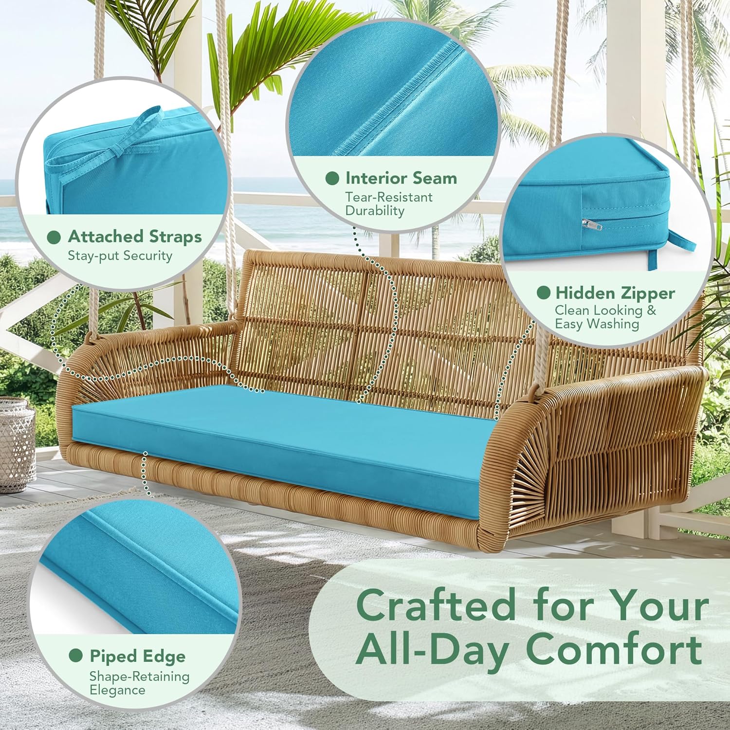 Outdoor Bench Cushion: Waterproof and Fade Resistant Patio Furniture Cushions - Non-Slip Bench Pad Cushion with Removable Cover for Garden Swing Porch Sofa Settee, 48 x 18 x 3 Inch, Teal
