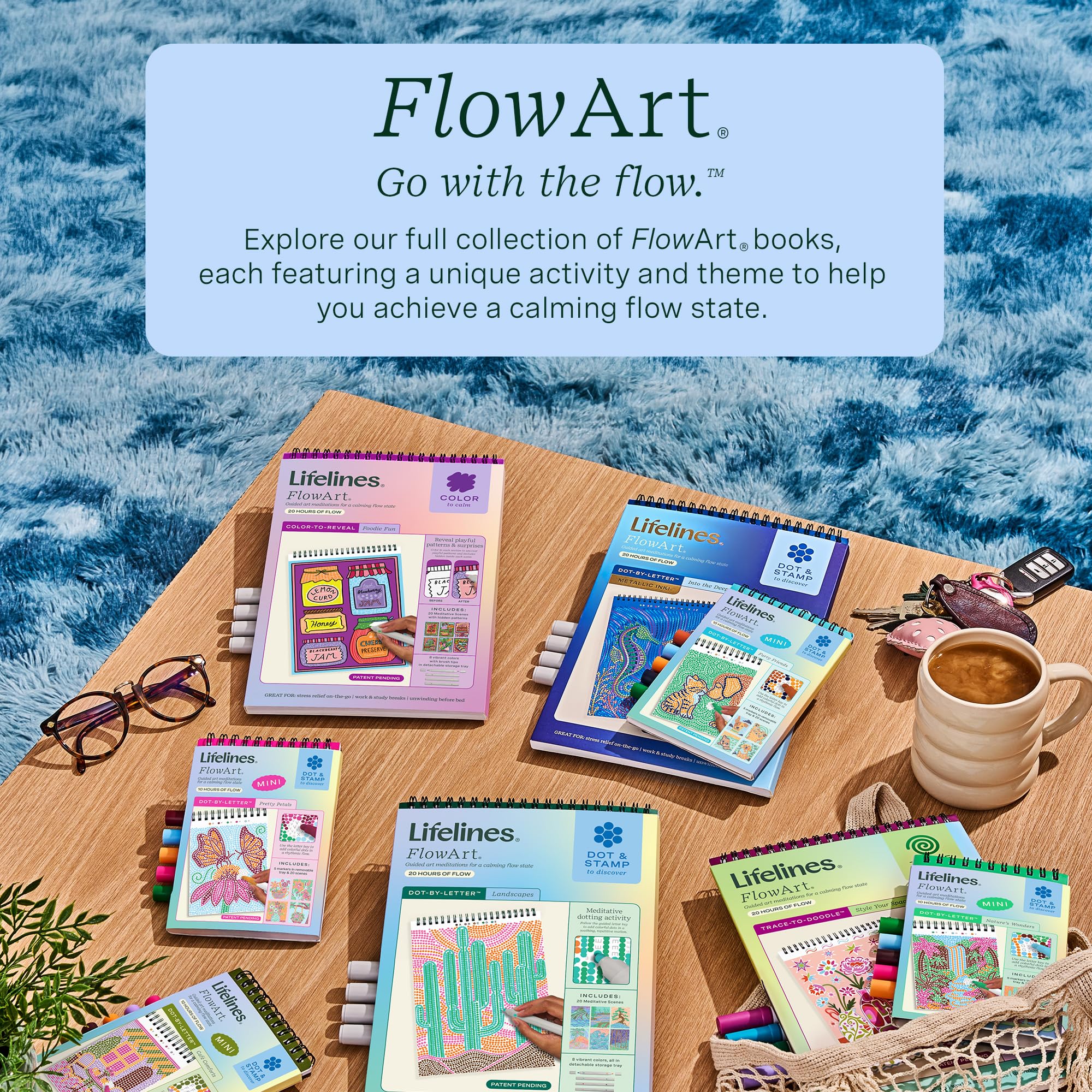 Lifelines FlowArt - Blocco per attività artistiche, 3 pezzi, libri da colorare per meditazione artistica guidata | 12 pennarelli bifacciali, 60 scene – meditazioni guidate a puntini per adolescenti, adulti e anziani – in attesa di brevetto