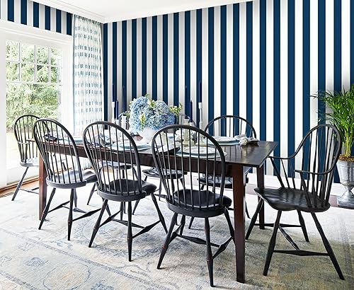 Miniatura 4 de Guvana Papel tapiz azul marino de 17.7 x 197 pulgadas, papel tapiz a rayas para despegar y pegar, papel de contacto azul y blanco, papel tapiz
