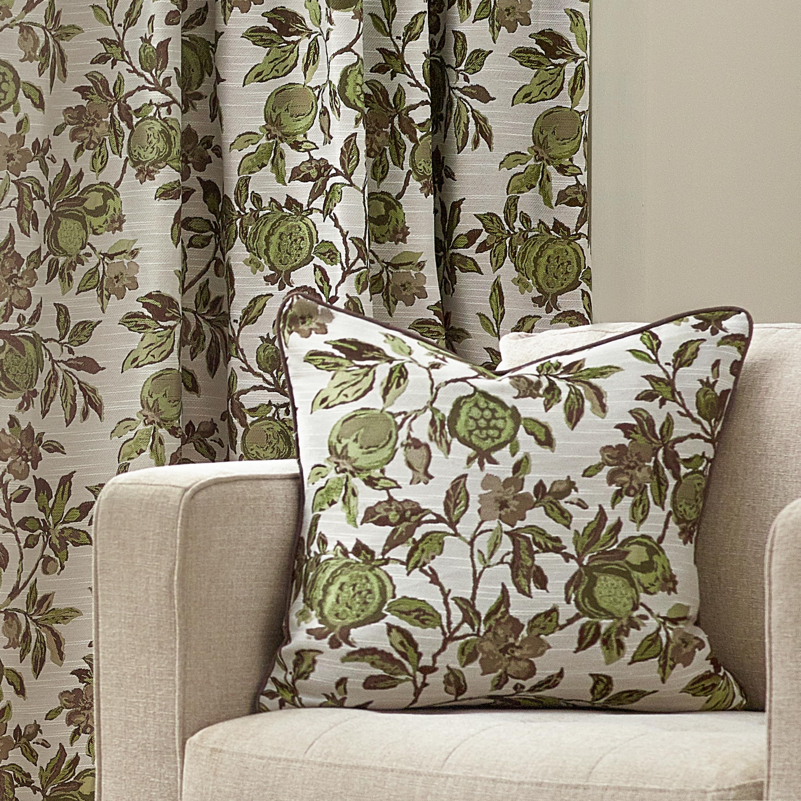 Wylder Pomegranate Jacquard Piped Polyester Filled Cushion in Green | Size: 50cm x 50cm