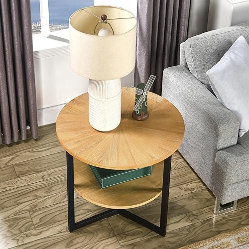 Miniatura 3 de MODERION Mesa auxiliar redonda grande con estante de almacenamiento de 2 neumáticos, mesa auxiliar de sofá de madera maciza de 25.2 pulgadas con