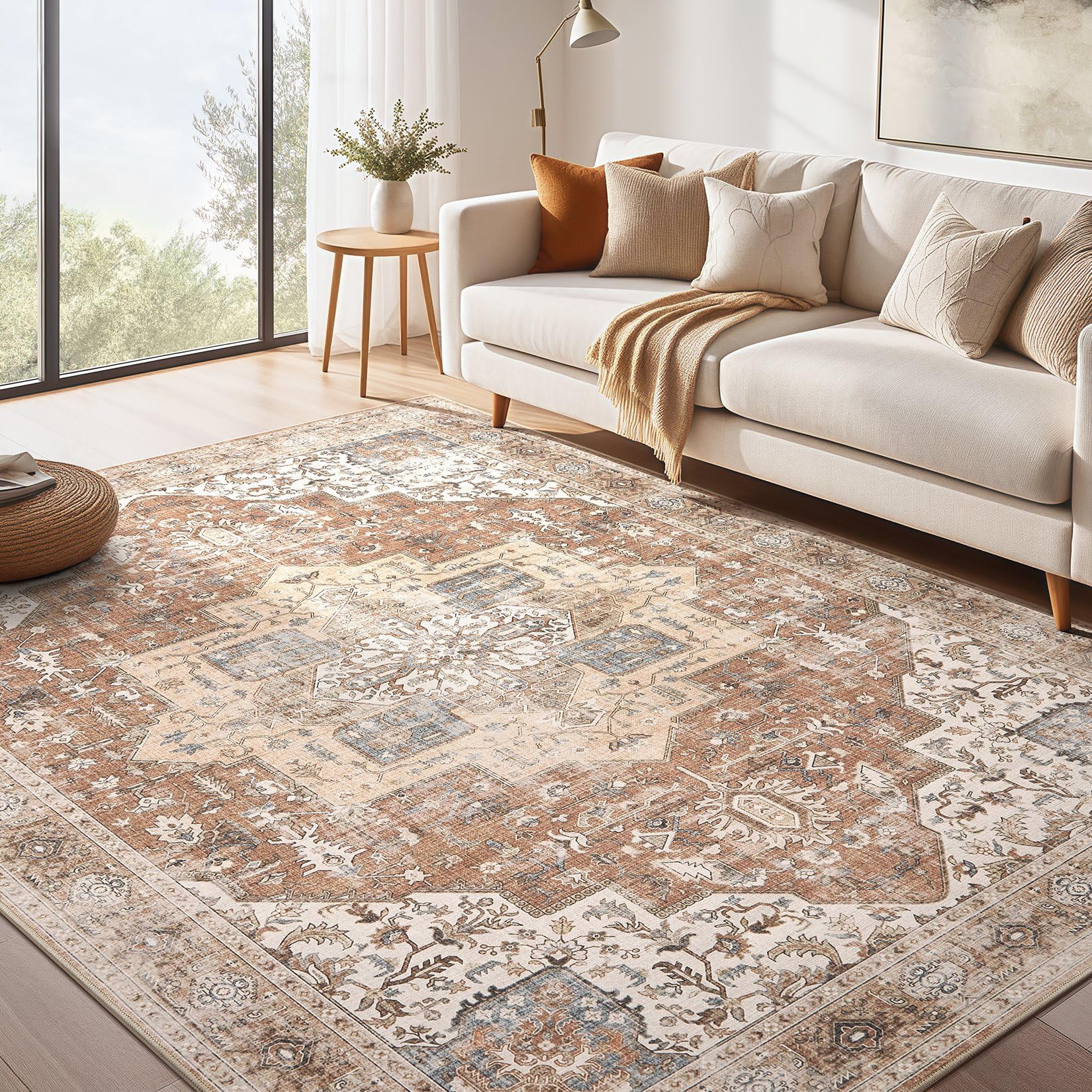 Washable Rug 10x14 Area Rugs: Boho Vintage Distressed Oriental Medallion Neutral Thin Large Rug Carpet for Living Room Bedroom Dining Room Home Office
