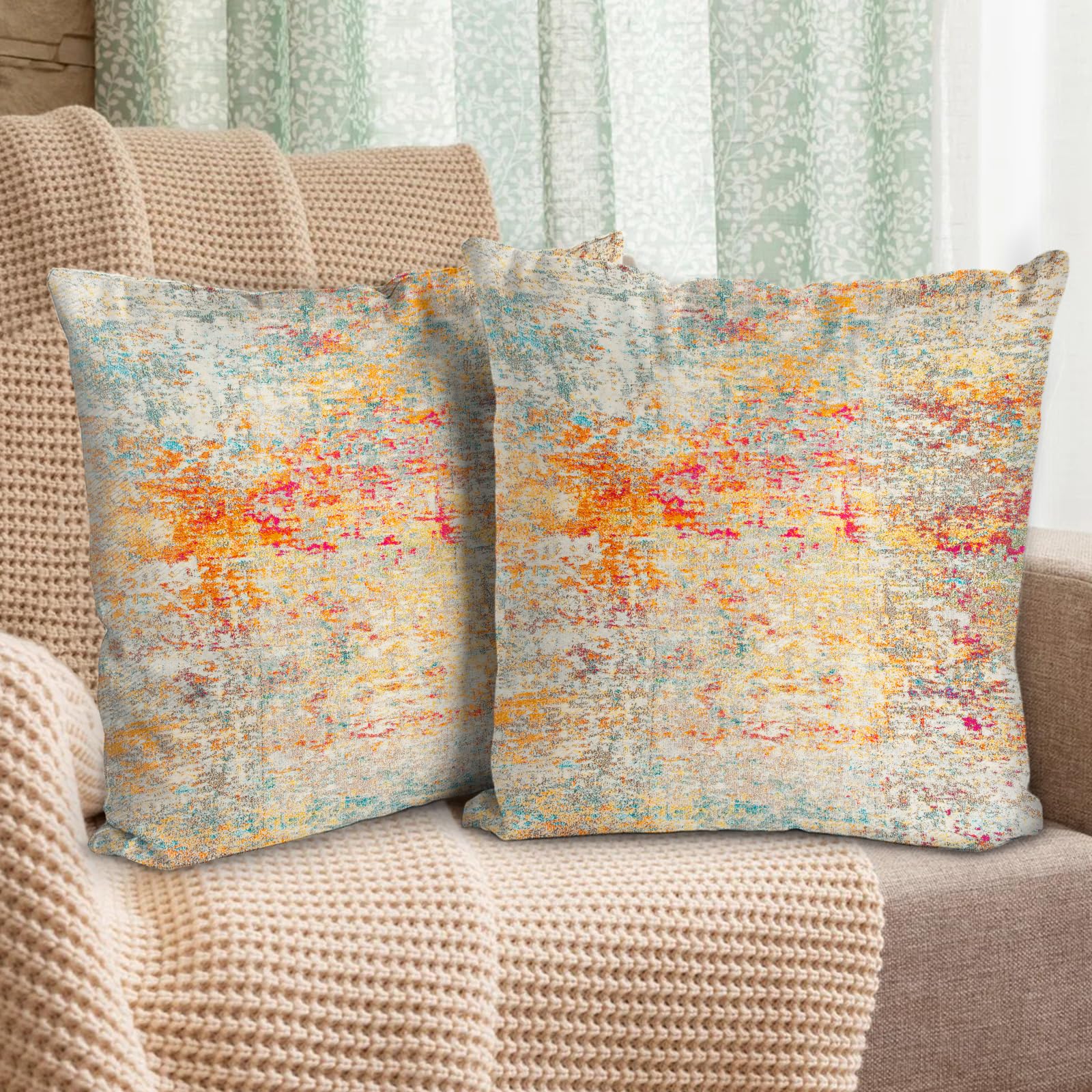 Photo 1 of BUAEL Boho Floral Throw Pillow Covers 20x20 inch Set of 2,Cream Boho Rug Geometric Floral Pattern Decor Double Sided Pattern Cushion Cover Soft Pillow Case Living Sofa Room Bed Square Pillow Cover