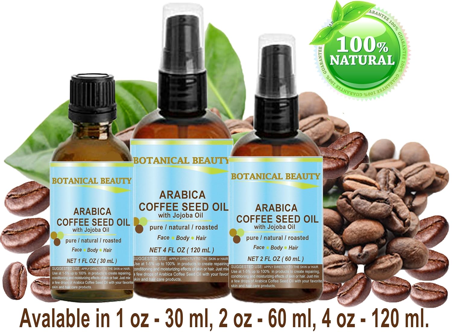 Botanical Beauty‎ ARABICA COFFEE SEED OIL 100% Pure Natural for Face, Body and Hair. Wrinkle Reducer, Anti- Puffiness Dark Circles, Anti Cellulite. 4 Fl Oz - 120 ml