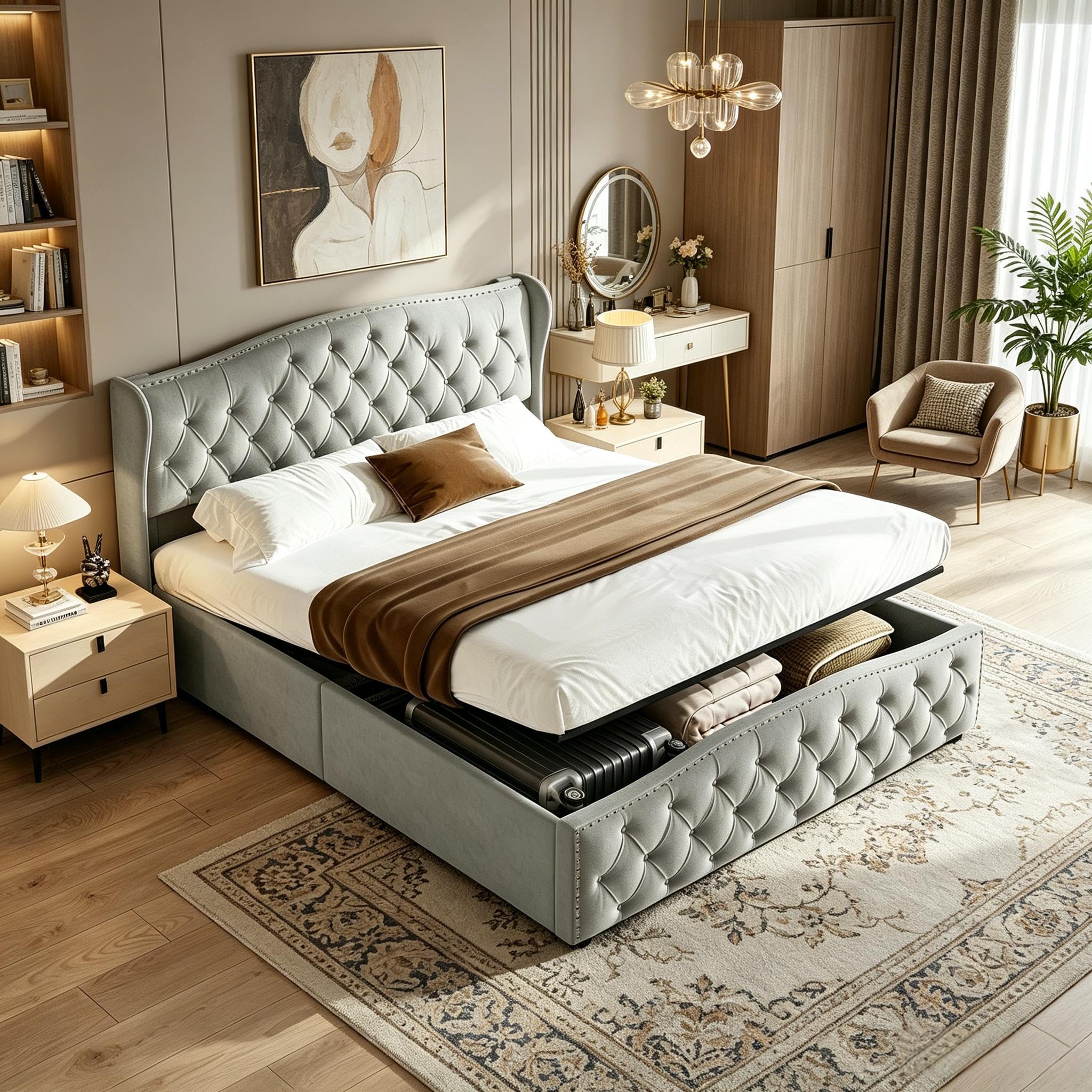 Cama matrimonial de 140 x 200 cm con patas de listones, cama con cajón de 140 x 200 cm con contenedor hidráulico, cama tapizada de 140 x 200 con cabecero para adultos y adolescentes (gris-1, 140 x 200