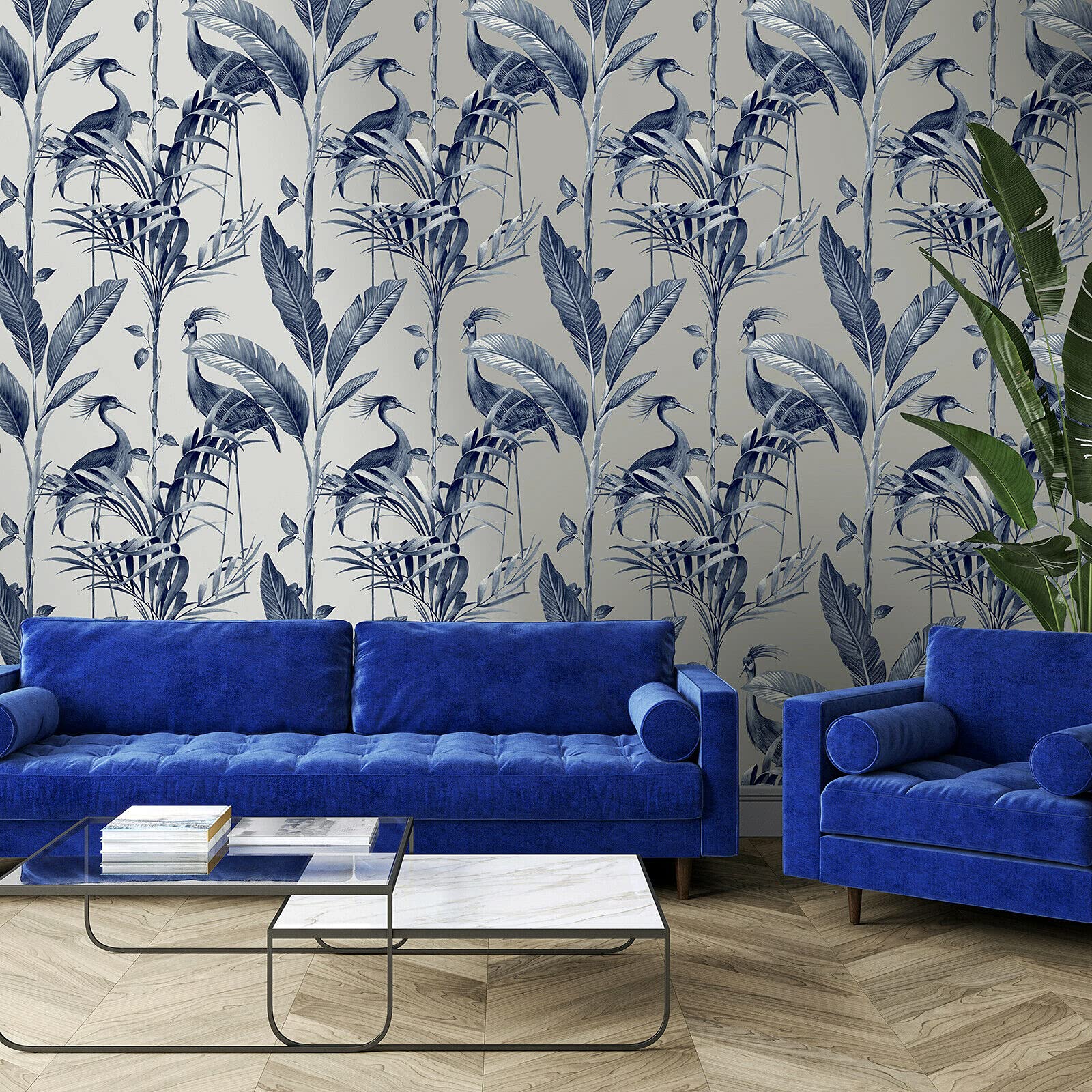 Sophie Laurence Navy Silver Azzura Tropical Leaf Bird Wallpaper Floral Metallic Wallpaper For Living Room Bedroom