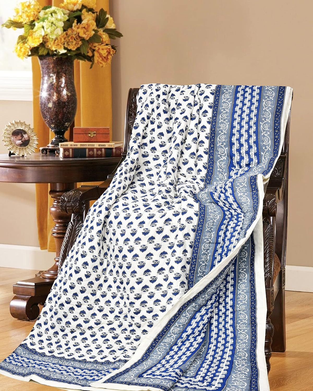 Original Pure Cotton Jaipuri Razai Comforter | Reversible Lightweight AC Quilt | Summer & Winter Bedding | Double Bed | Blue Flower (Size 85 X 100 Inch)