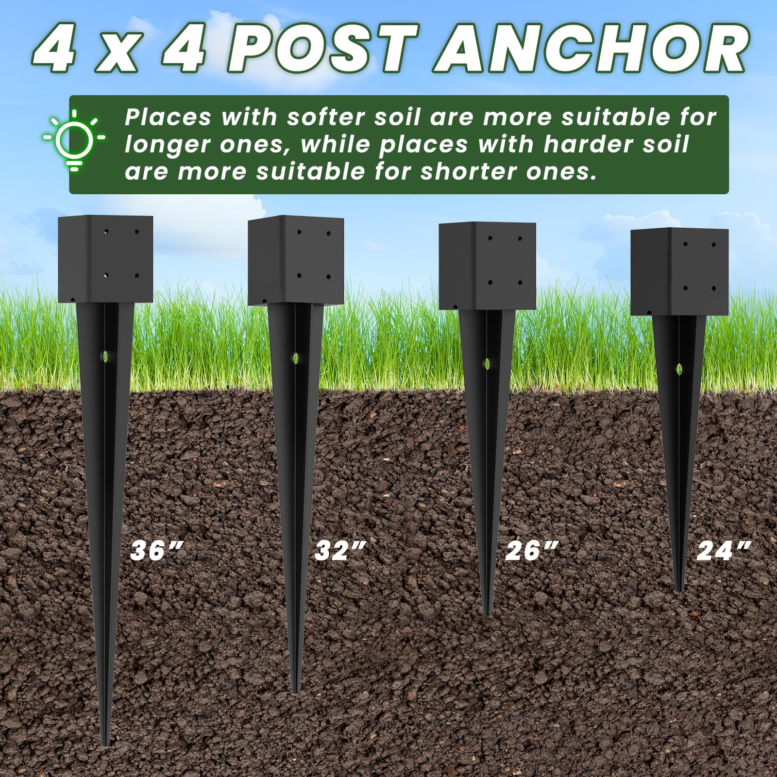 4 estacas de anclaje de poste de valla de 4 x 4 pulgadas, 81 cm (real: 9 x 9 cm), anclaje de poste de valla de metal resistente, revestimiento de polvo negro, para valla, cubierta, comedero de