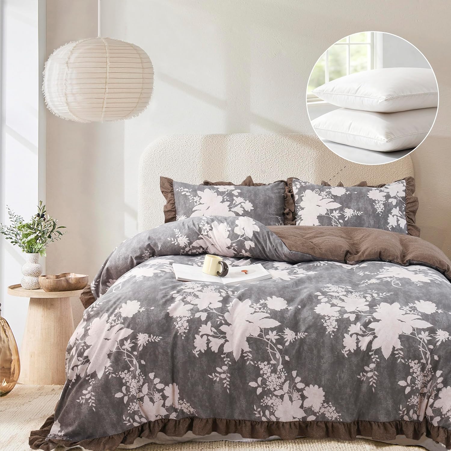 Oli Anderson 3 Piece Floral Comforter Set, Vintage Botanical Print Bedding Set, Farmhouse Lightweight Cottagecore Bed in a Bag with Ruffle Flowers Comforter (Blue, King)