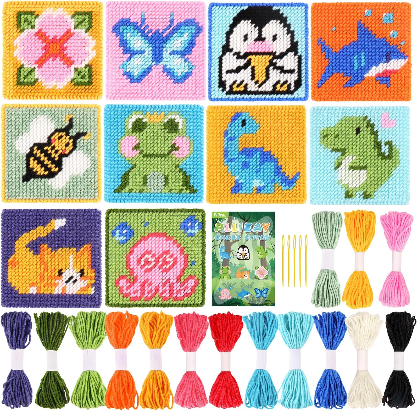 10-in-1 Cross Stitch Beginner Kit for Kids, Embroidery Kit Includes 10pcs Plastic Mesh Canvas with Pattern, 15 Yarns, 5 Weaving Needles, Needle Points Starter Sewing Set with Instructions
