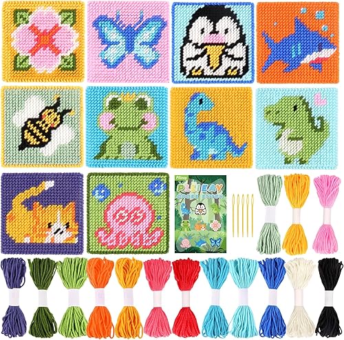 Pllieay Kit para principiantes de punto de cruz 10 en 1 para niños, kit de bordado incluye 10 piezas de lona de malla de plástico con patrón, 15