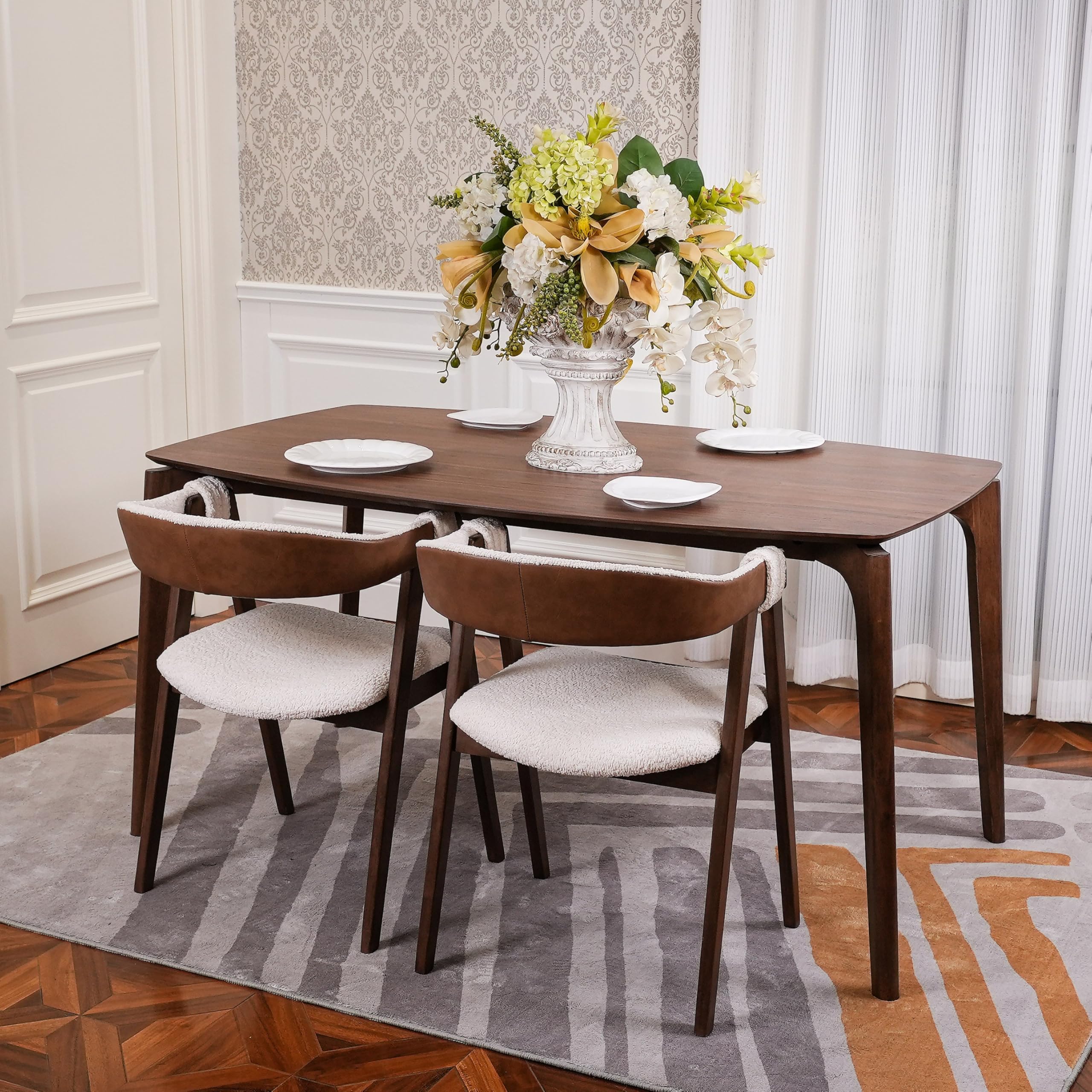 CONSDAN Dining Table Set for 4-6, Includes 1 Table & 4 Chairs, Walnut Veneer Top, Solid Wood Frame, Natural Wood Grain, Easy Assembly, Modern Design