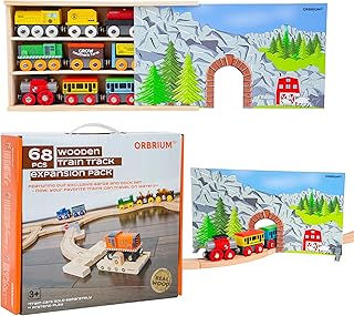 ORBRIUM Wooden Train Set Bundle with Track Expansion and Magnetic Train Cars, 68 Pc Wooden Train Track Accessories Plus 12 Train Cars with Storage Box Tunnel, Compatible with Thomas, Brio