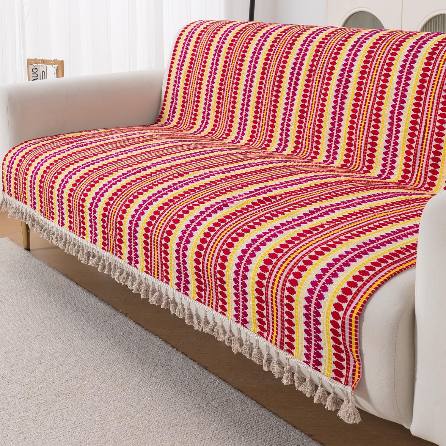 HOKIPO 'Artisan Boho Series' Sofa Cover with Tassel | 450 GSM Cotton Acrylic Jacquard Sofa Cover for 3 Seater Sofa, Size 152x175 cm, Ruby Red (NEW-IN-909-A6)-image-46