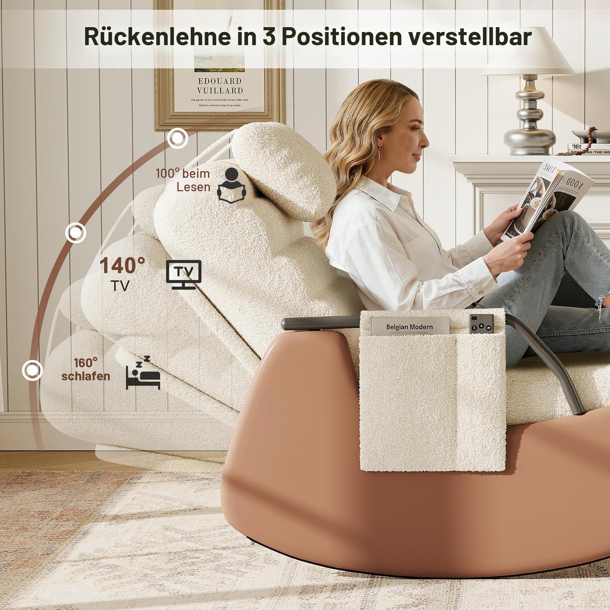 Schaukelstuhl mit Fußstütze, Rückenlehne verstellbar, 3 Positionen, Schaukelstuhl, Relaxsessel mit Kopfstütze, Armlehnen aus Holz, für Wohnzimmer, Schlafzimmer, Lesen (Lammfell, Beige A)