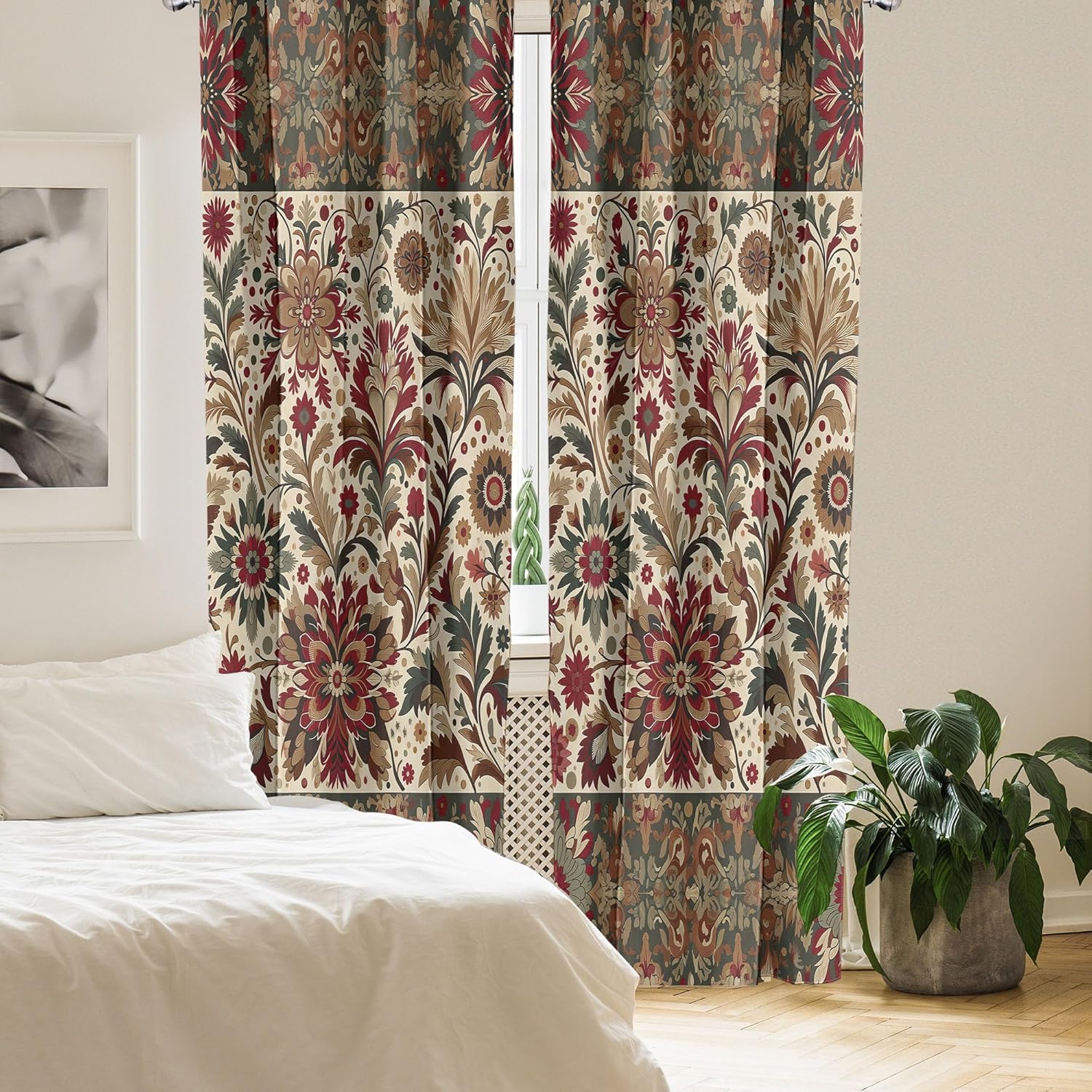 Ambesonne Floral Art Window Curtains Pack of 2, Ethnic Oriental Curlicue Leaves Greenery with Trippy Flowers Bohemian, Lightweight Set with Rod Pocket, 4 Panels of - 28" x 84", Slate Brown Ruby Fawn