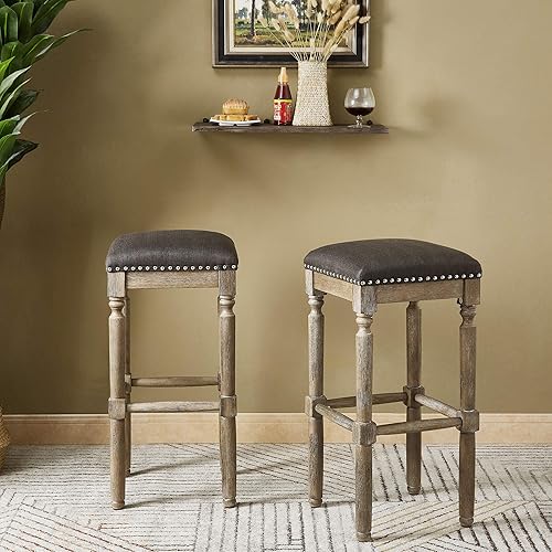 Miniatura 2 de Ball & Cast Taburete de bar tapizado de 26 pulgadas con altura de asiento de cocina, acabado de roble envejecido, tela gris, paquete de 2