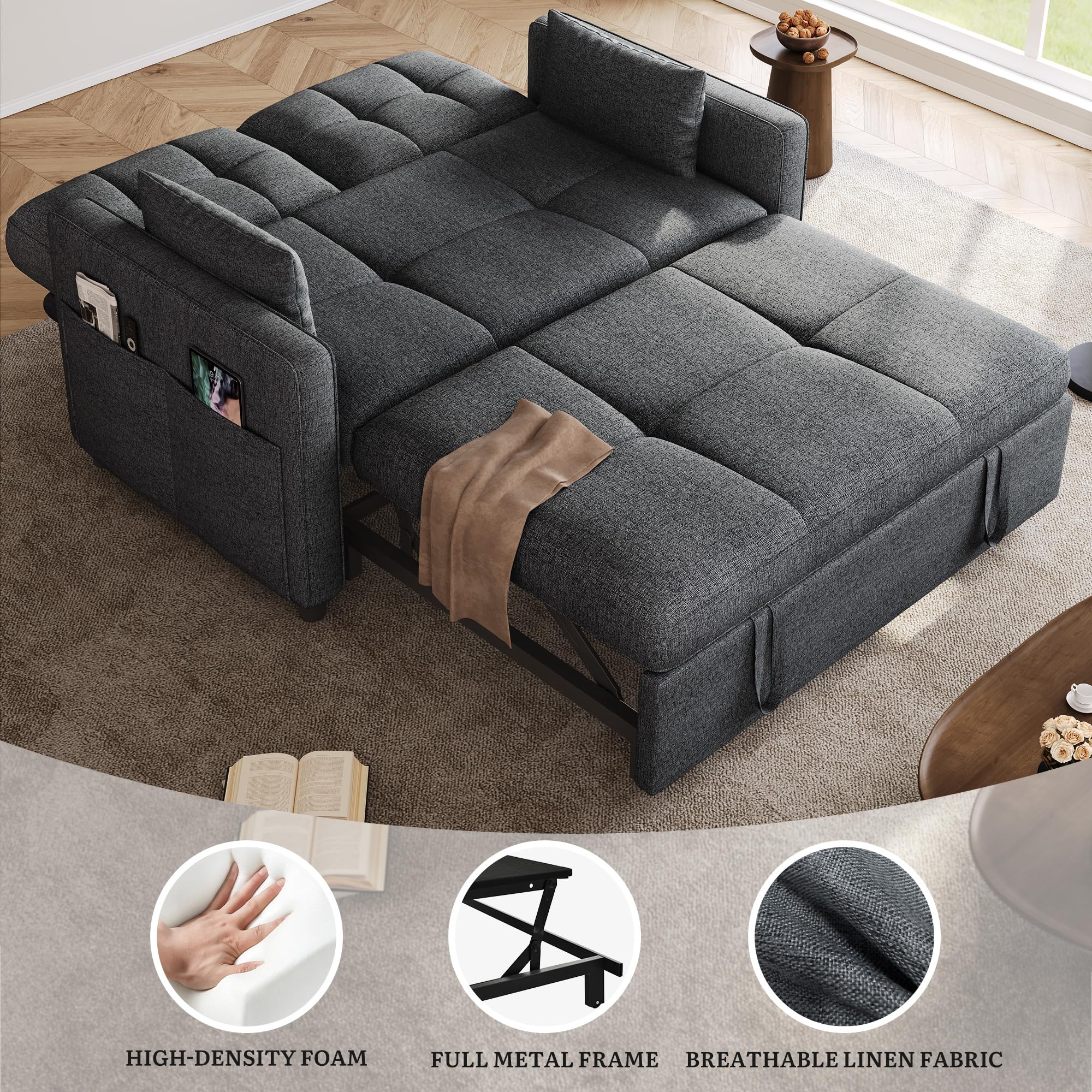 YITAHOME 3-in-1 Schlafsofa, 2-Sitzer 5-Stufig Ausziehbar 182x136cm Grau | Sofa mit Schlaffunktion, Gästezimmer, Stahlrahmen, Liegefläche, 10 cm Polster, 2 Kissen, Seitentaschen, 300 kg belastbar