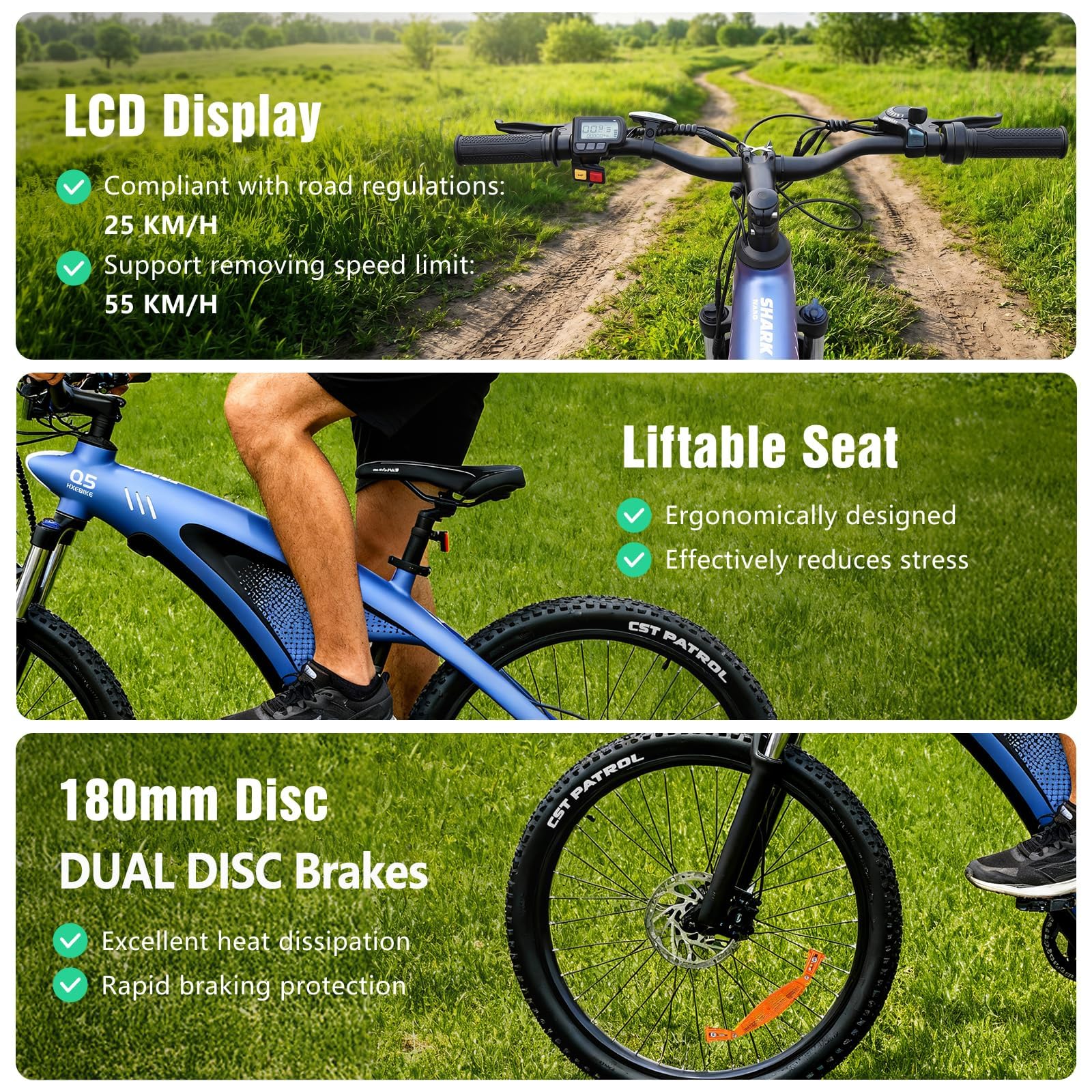 HX Q5 Shark Bicicleta Eléctrica Mountain Adulto para el Commuting, 27.5" EBike, 85 NM, 20Ah y 50-100 km, Amortiguador Delantero Regulable, Freno de Disco Hidráulico, Bici Eléctrica para Ciclismo