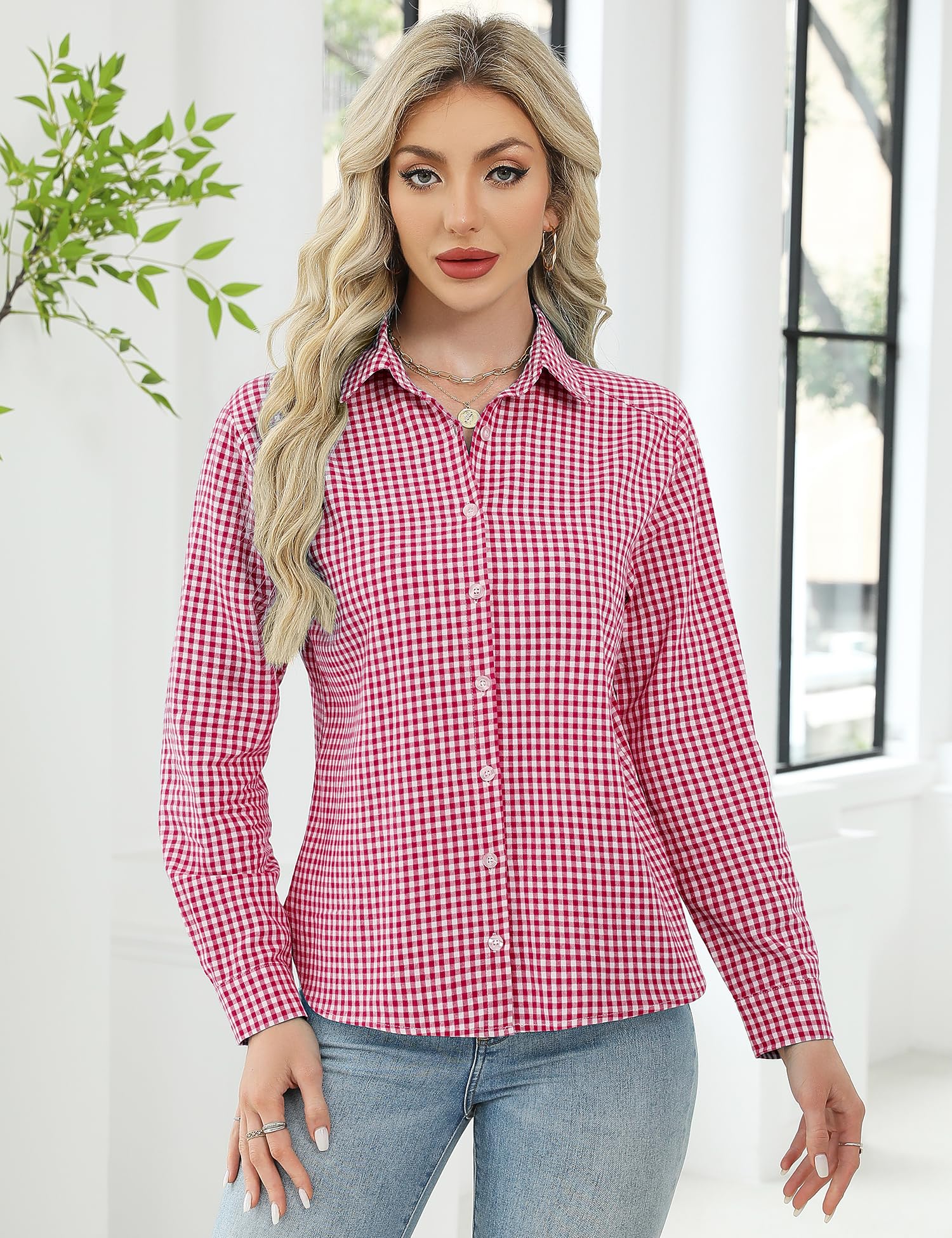 Rapbin Chemisier décontracté à manches longues pour femme - Col en V - Tunique ample - Haut élégant avec boutonnière