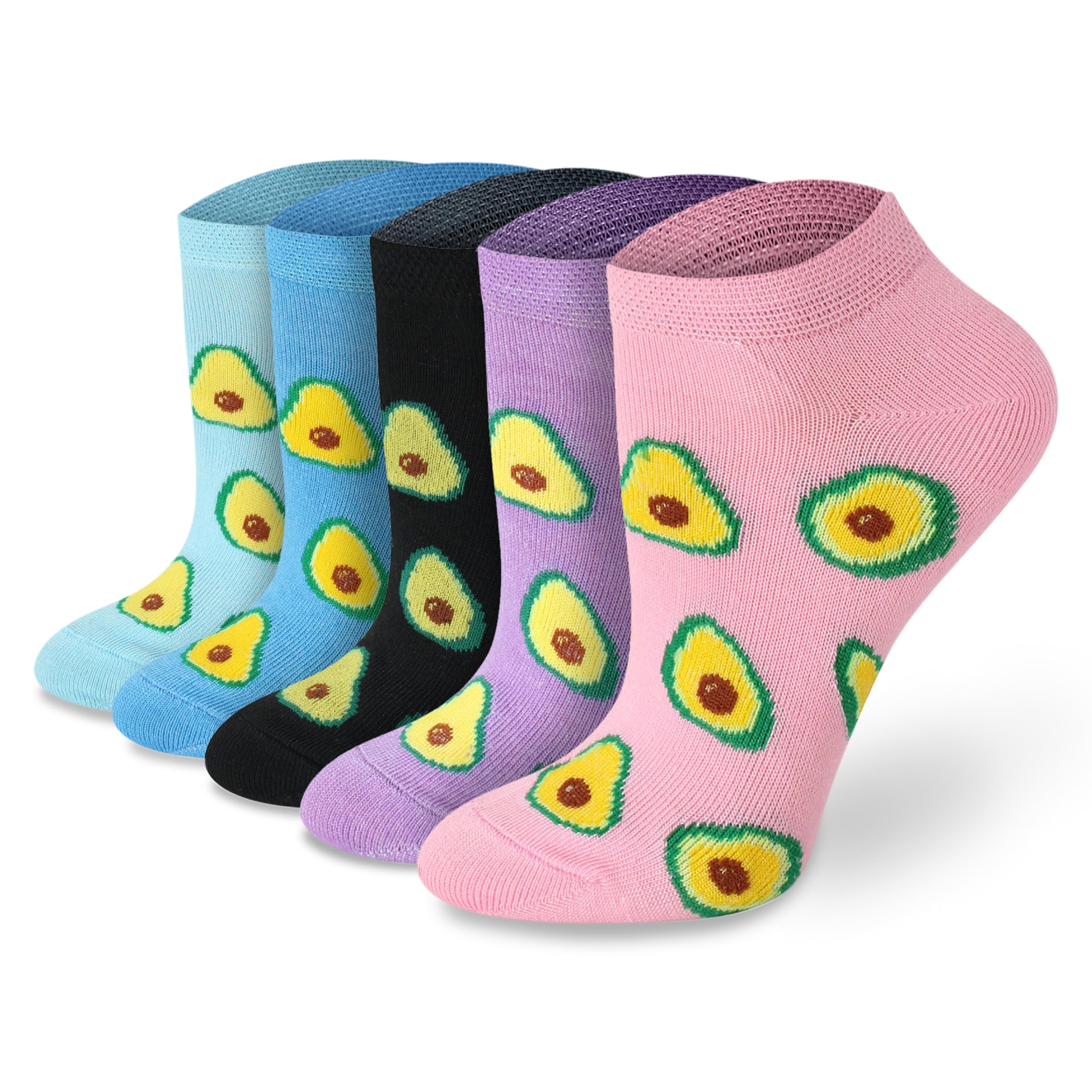 Socksmad Women's Avocado Trainer Socks Size 4-7 - Coloured Heel & Toe Black Multipack - Sports Socks - Cotton-Rich, Summer Trainer Liners - Wardrobe Essentials - Gifts For Her - 5 Pair