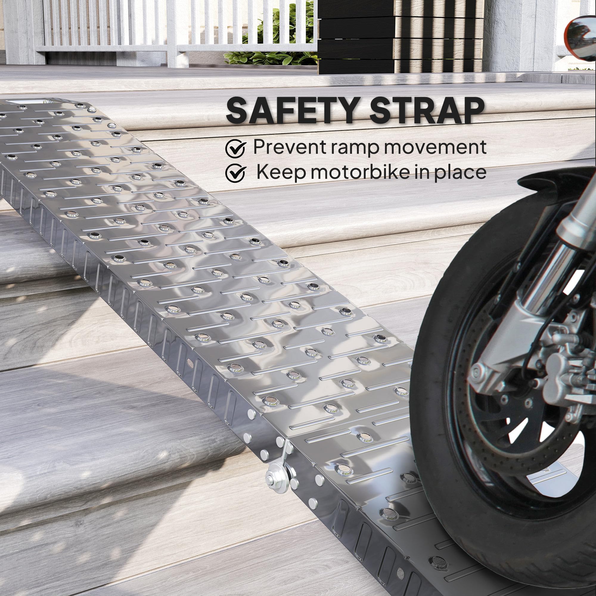 HOMCOM Rampa de carga plegable de acero con carga máxima de 230 kg, que ahorra espacio Rampa antideslizante para motocicletas con ruedas de 22 cm de ancho, para motocicletas y bicicletas, 190x22x8 cm,