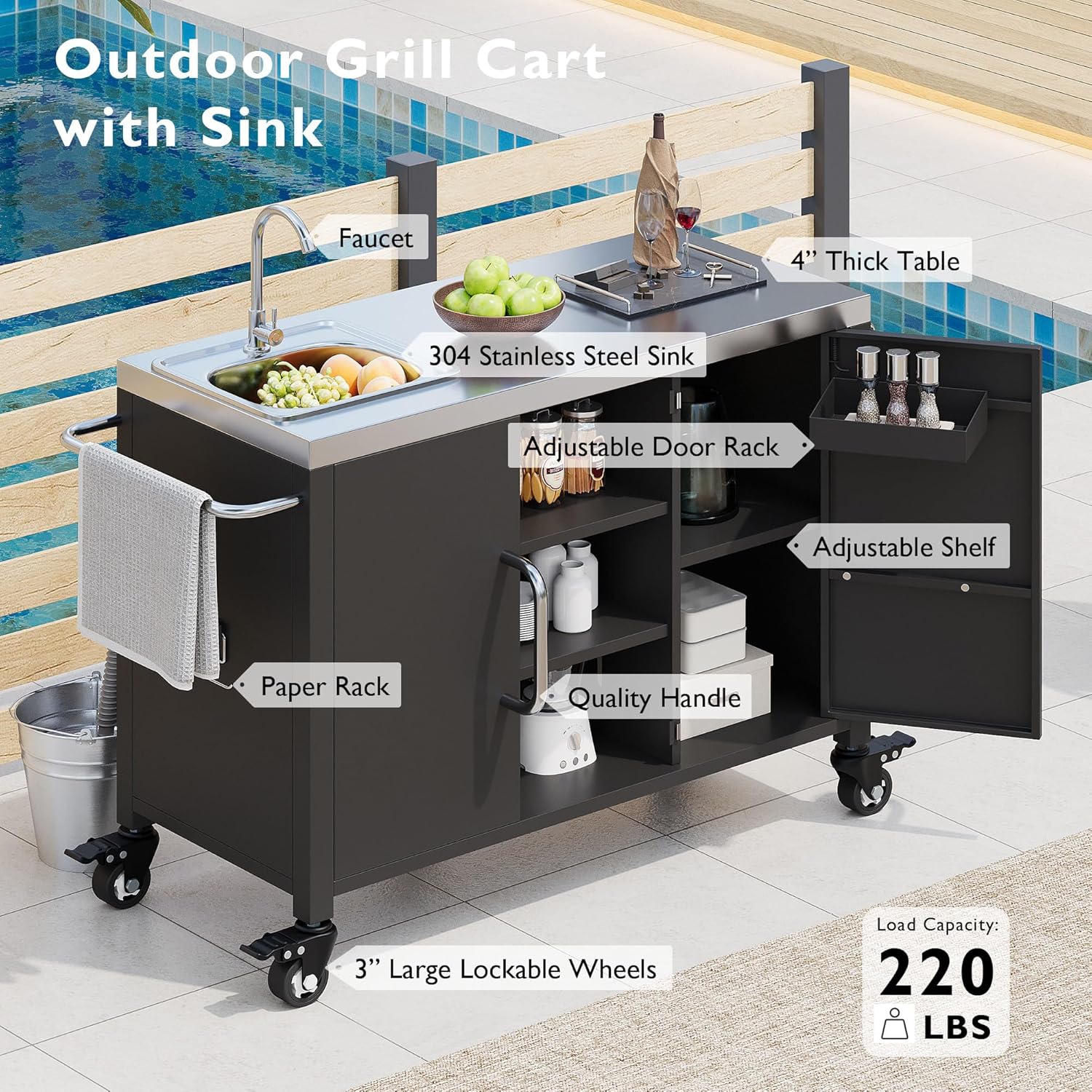 Amposei Outdoor Grill Table Bar Cart with Stainless Steel Sink, Metal Rolling Kitchen Island on Lockable Wheels, Food Prep Station with Storage Cabinet for Patio, Garden, Porch, Balcony, Black