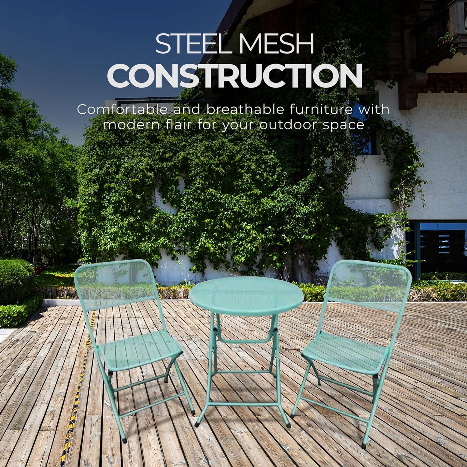 Four Seasons Courtyard Padova Foldable 3 Piece Powder Coated Steel Mesh Outdoor Patio Bistro Dining Set, Includes 1 Table and 2 Chairs, Blue