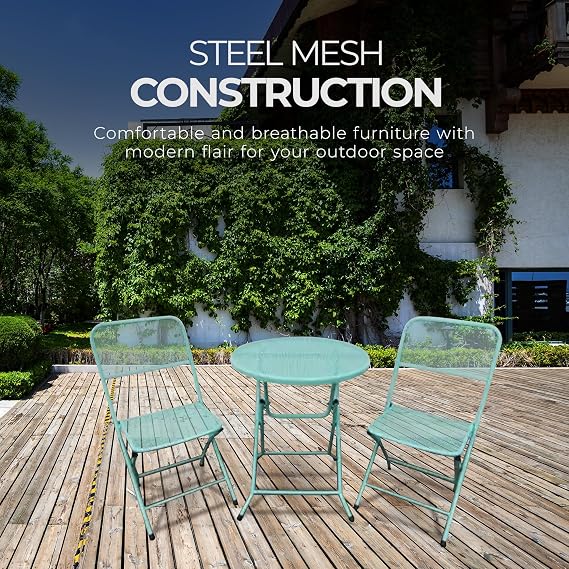 Four Seasons Courtyard Padova Foldable 3 Piece Powder Coated Steel Mesh Outdoor Patio Bistro Dining Set, Includes 1 Table and 2 Chairs, Blue