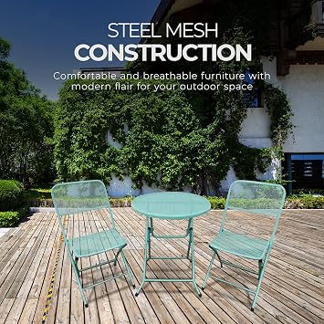 Four Seasons Courtyard Padova Foldable 3 Piece Powder Coated Steel Mesh Outdoor Patio Bistro Dining Set, Includes 1 Table and 2 Chairs, Blue