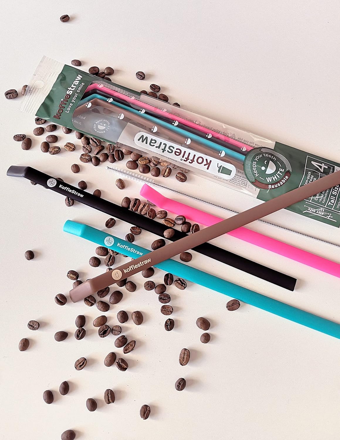 Koffie Straw 4-Pack Straws and 1 Brush (in Home compostable Wrapper) to Limit Stains on Your Teeth (Pink Mocha Surf Black)