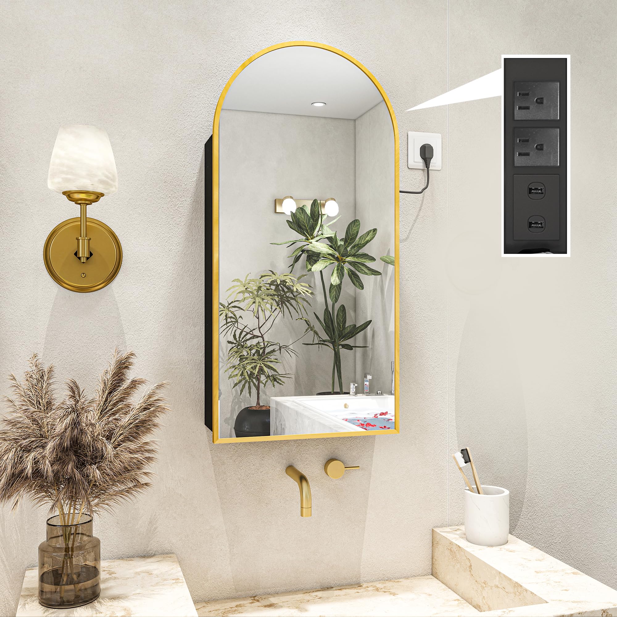 FKWin Specchio da bagno con contenitore e presa di corrente, armadietto dei medicinali per apertura sinistra o destra, non incassato, ampio specchio cosmetico con contenitore per proprietario di casa