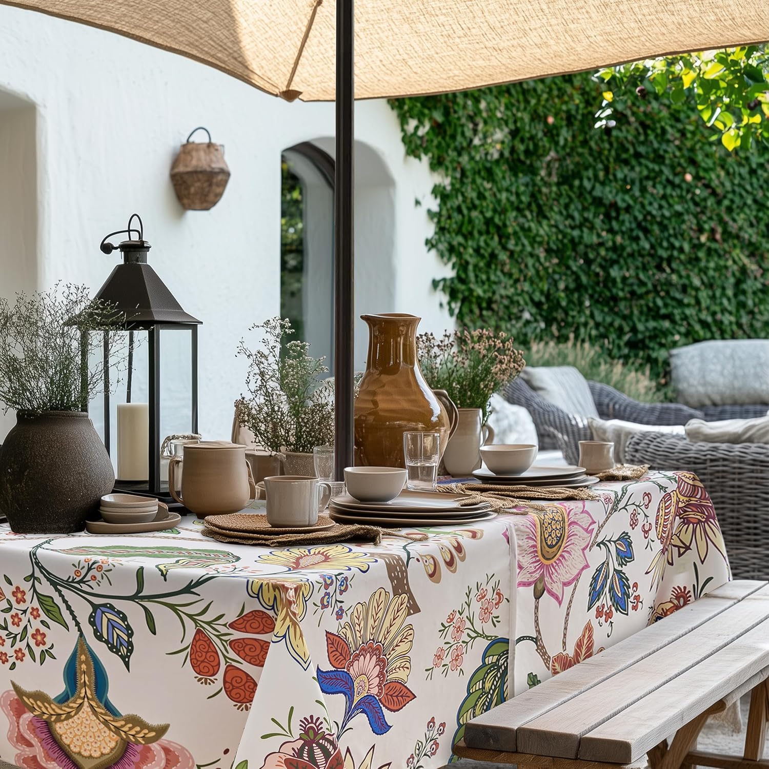 Outdoor Tablecloth with Umbrella Hole and Zipper 60x104 Inch Rectangle Paisley Table Cloth, Spillproof Wrinkler-Free Patio Table Cover for Spring Summer Backyard Party BBQ Decor