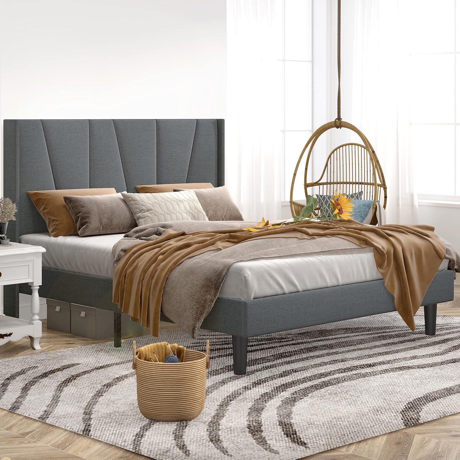 Einfach Queen Size Platform Bed Frame With Wingback Headboard