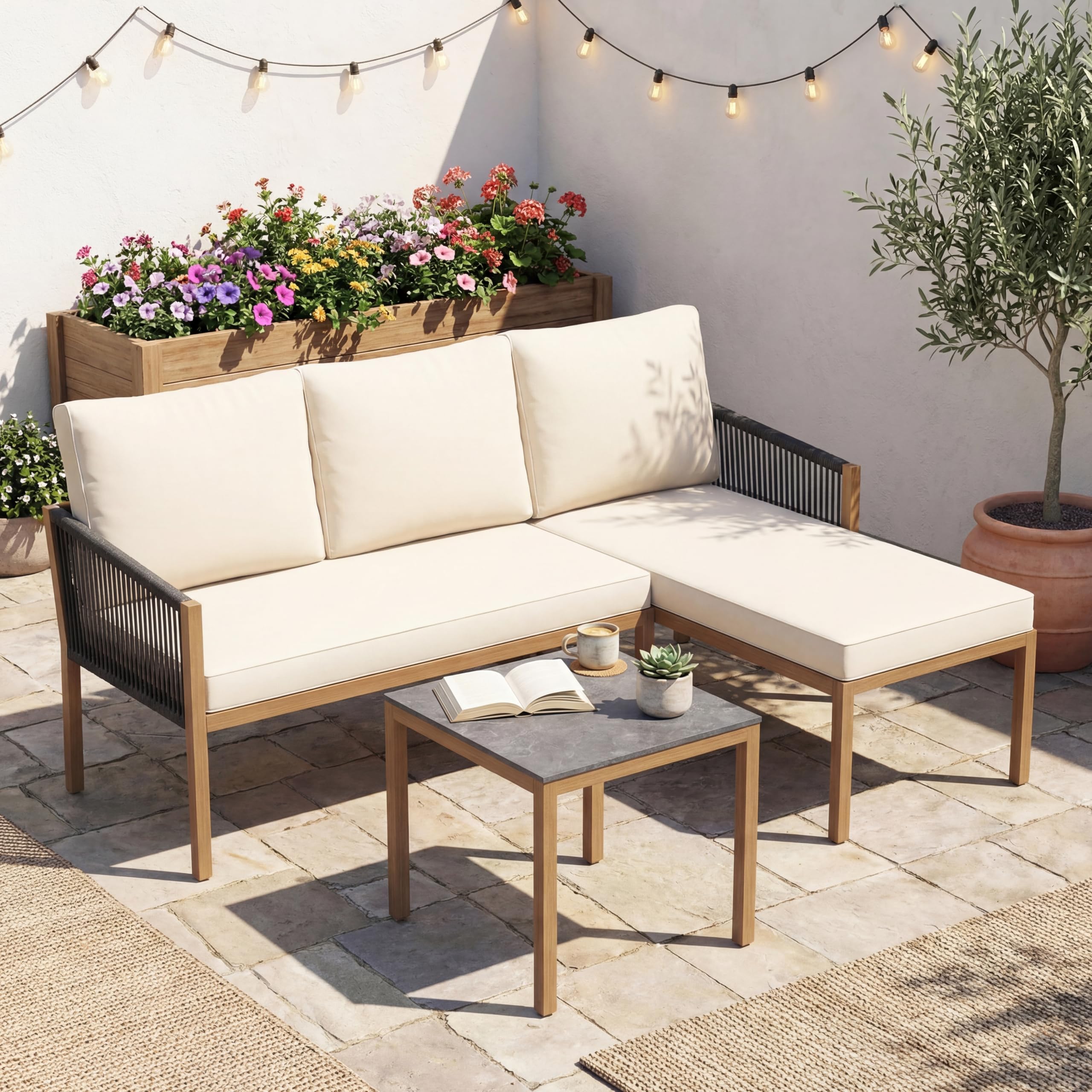 GIANTEX Conjunto de Muebles de Jardín de 3 Piezas, Set de Sofá de 2 Plazas, Tumbona y Mesa Cuadrada con Cojines de Fundas Desmontables, Marco de Metal, Tablero Efecto Mármol, para Terraza, Patio
