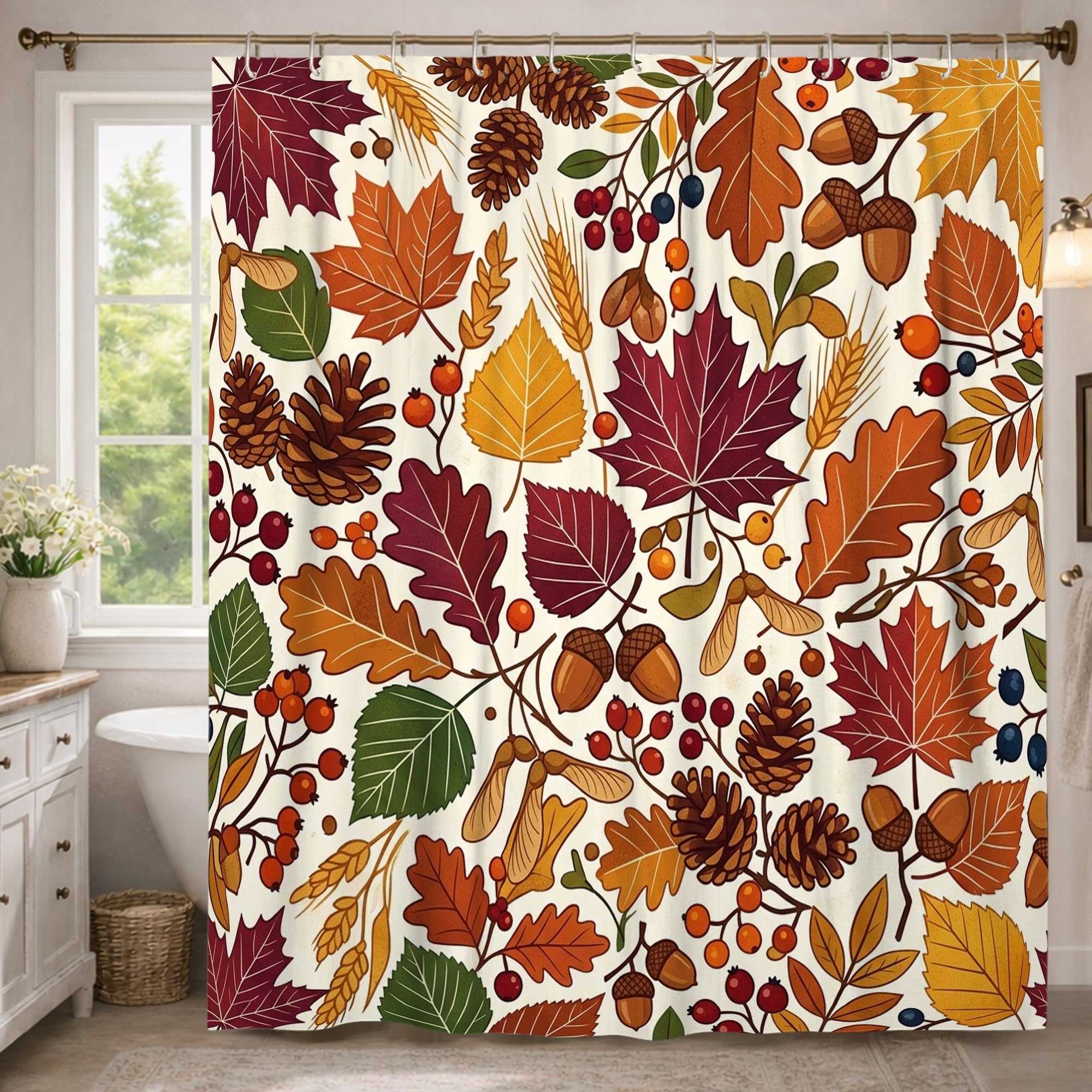 Rideau de douche imperméable anti-éclaboussures à motif feuilles orange