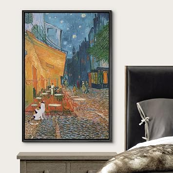 wall26 Framed Canvas Print Wall Art Black Cat in Van Gogh's Night Cafe Animals Wildlife Illustrations Modern Chic Fun Colorful Multicolor Ultra for Living Room, Bedroom, Office - 24x36 Black
