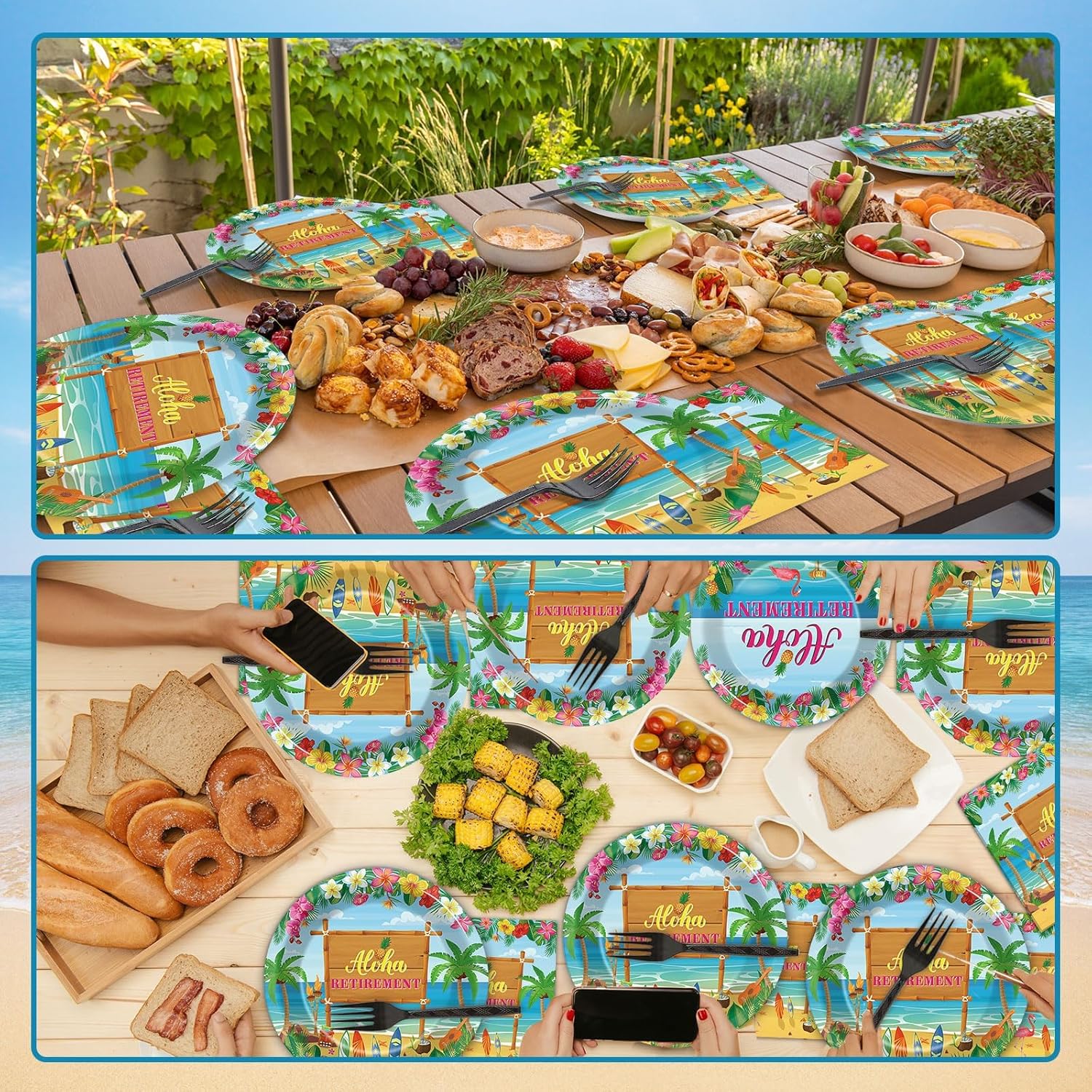 200PCS Tropical Hawaiian Luau Retirement Party Plates Napkins Happy Retirement Party Paper Tableware Set Summer Aloha Disposable Dinnerware for Hawaiian Beach Happy Retirement Party Supplies Serve 50