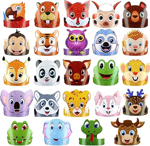 Tinlade 48 sombreros de animales para niños, selva, safari, animales, de papel, coronas, diademas a granel, regalos de fiesta de cumpleaños de