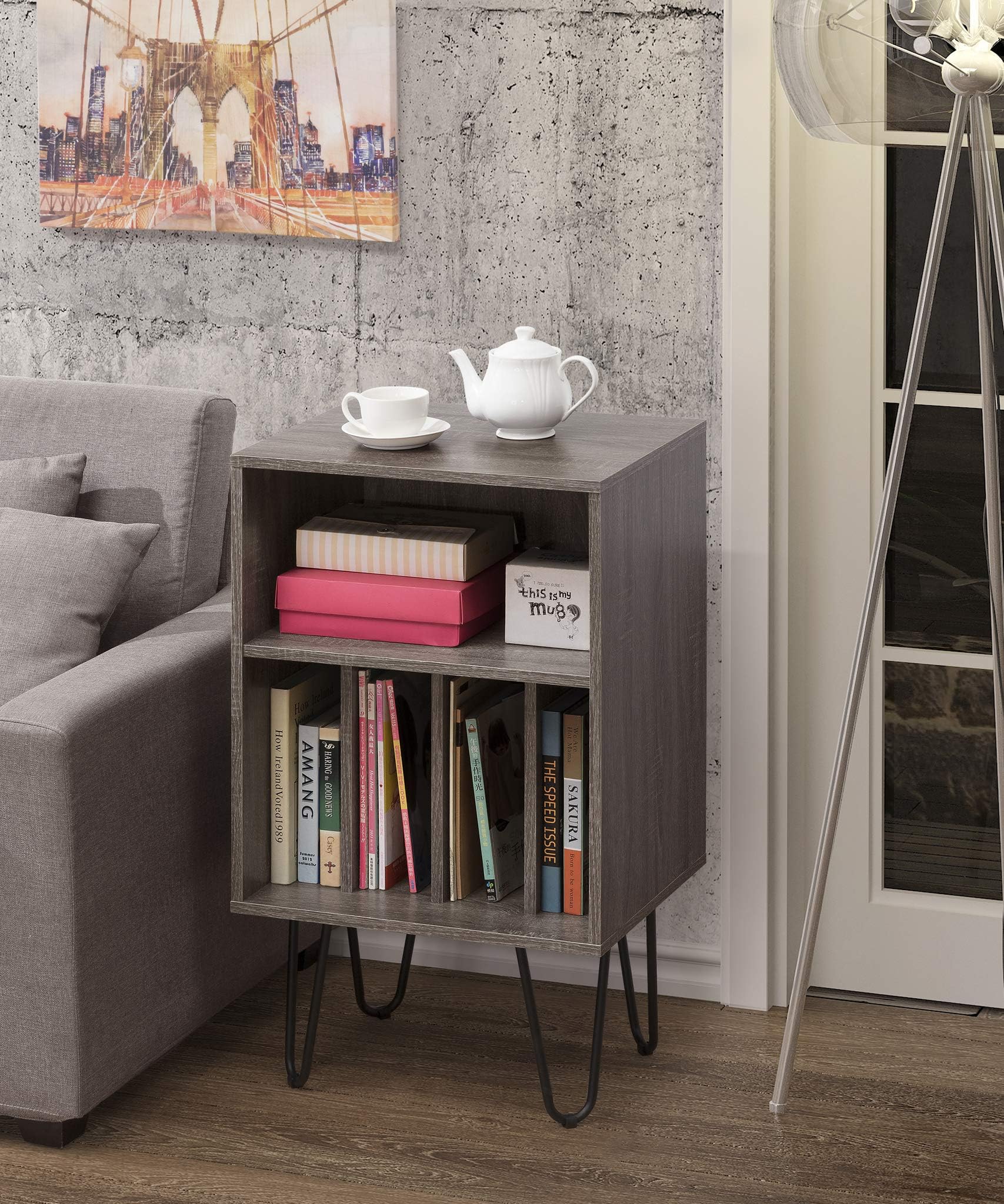 Weathered Grey Finish Turntable Stand, Nightstand, Side End Table, Media Storage, Display Stand, Bookcase 34" H - Mid-Century Style